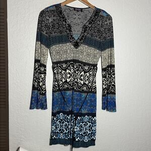 Hale Bob Blue Black Jewel Long Sleeve Dress 100% Silk Rhinestone Boho Artsy